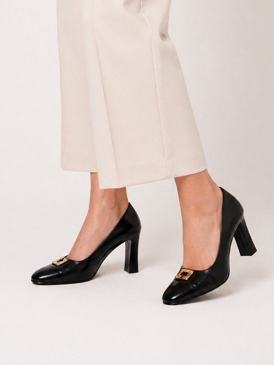 St. John Shoes - Vintage St. John Black Leather Pumps Gold Hardware Statement Heels